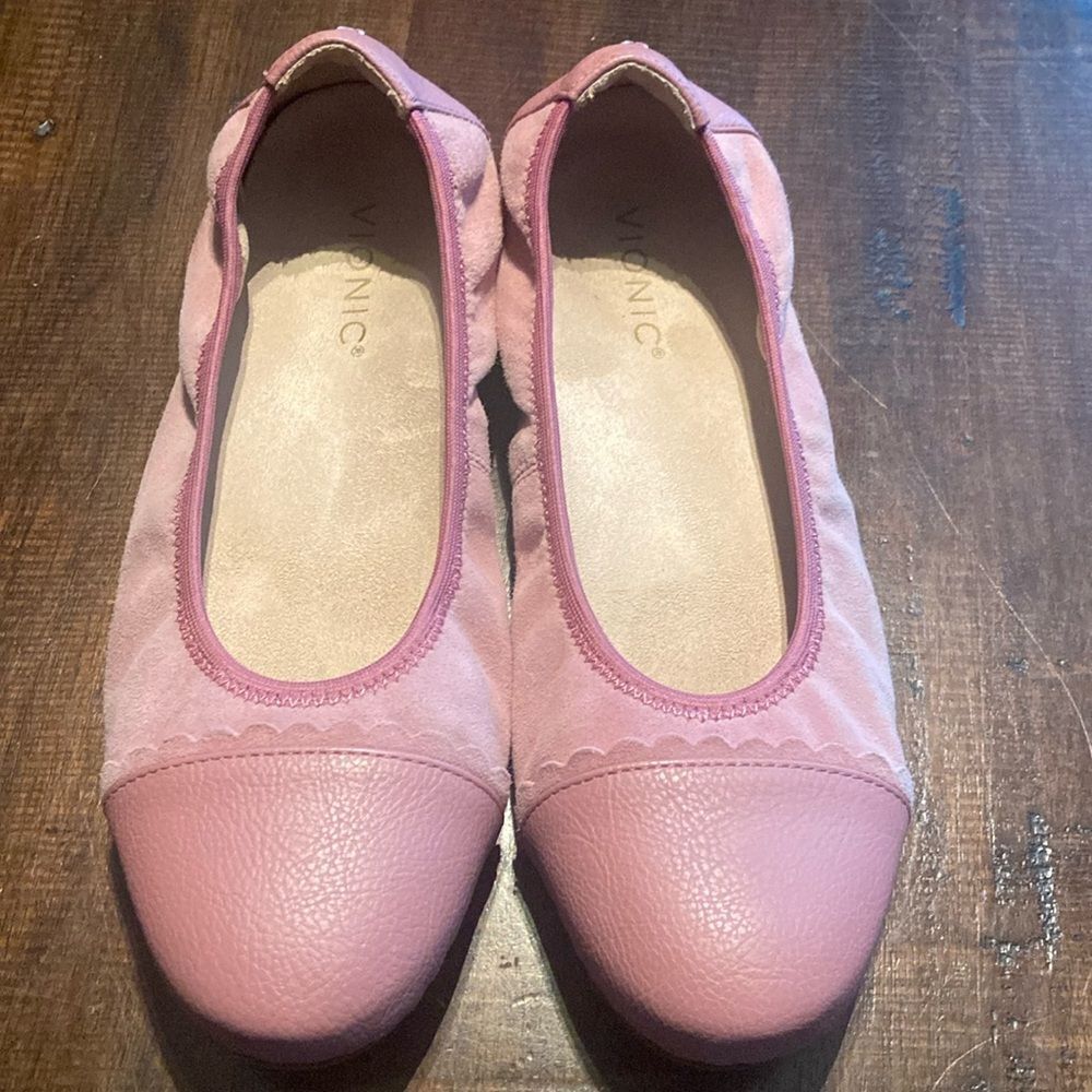 Vionic Pink Flats with Elastic Trim and Suede-like Finish
